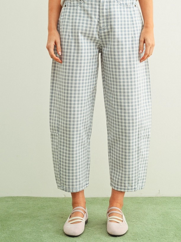 blue mini checker pattern barrel pants