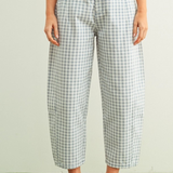 blue mini checker pattern barrel pants