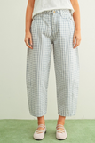 blue mini checker pattern barrel pants