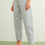 blue mini checker pattern barrel pants