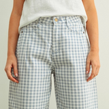 blue mini checker pattern barrel pants
