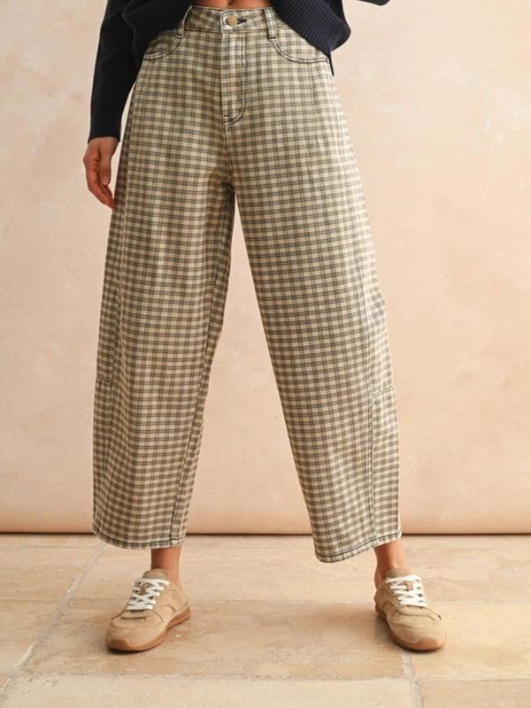 tan/brown mini checker pattern barrel pants