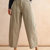 tan/brown mini checker pattern barrel pants