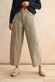 tan/brown mini checker pattern barrel pants