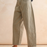tan/brown mini checker pattern barrel pants