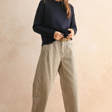 tan/brown mini checker pattern barrel pants