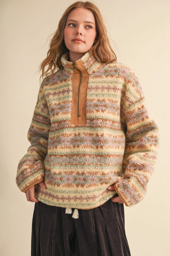 pastel oat stripe sherpa half zip sweater
