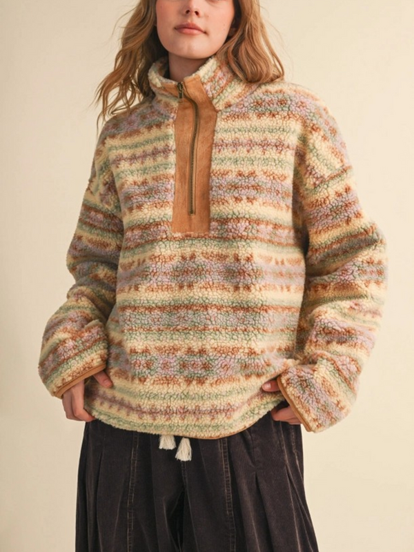 pastel oat stripe sherpa half zip sweater