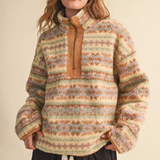 pastel oat stripe sherpa half zip sweater