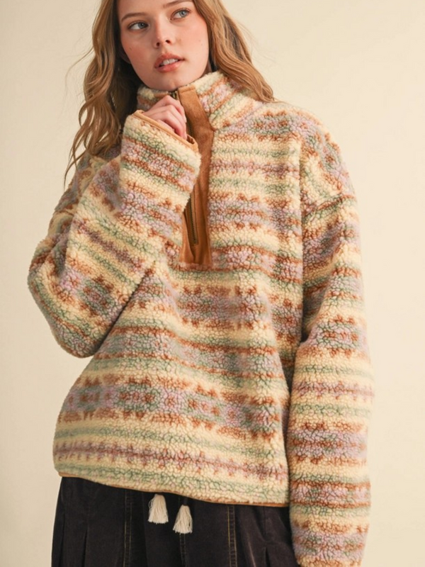 pastel oat stripe sherpa half zip sweater