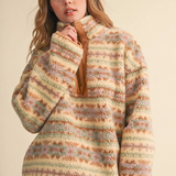 pastel oat stripe sherpa half zip sweater