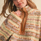 pastel oat stripe sherpa half zip sweater