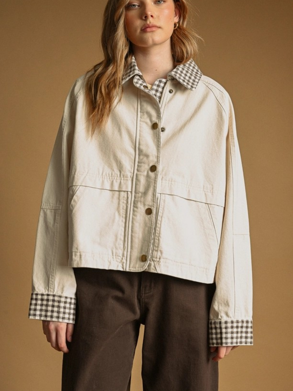 beige gingham collard twill jacket