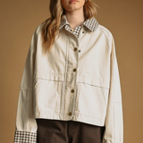 beige gingham collard twill jacket