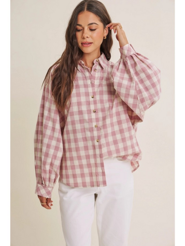 lilac mauve batwing sleeve relaxed gingham top