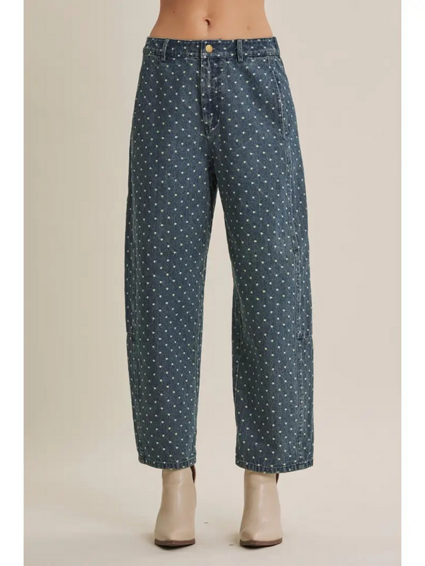 jacquard polka dot denim washed barrel leg jeans