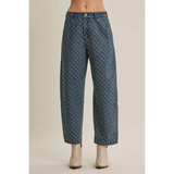 jacquard polka dot denim washed barrel leg jeans