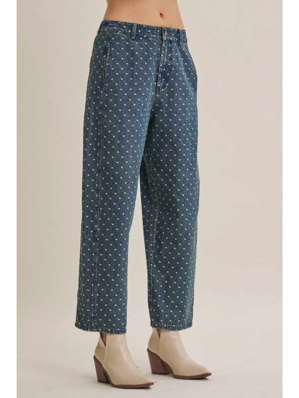 jacquard polka dot denim washed barrel leg jeans