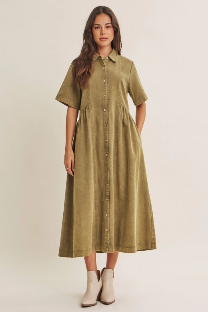 washed olive relaxed cotton shirt midi dress