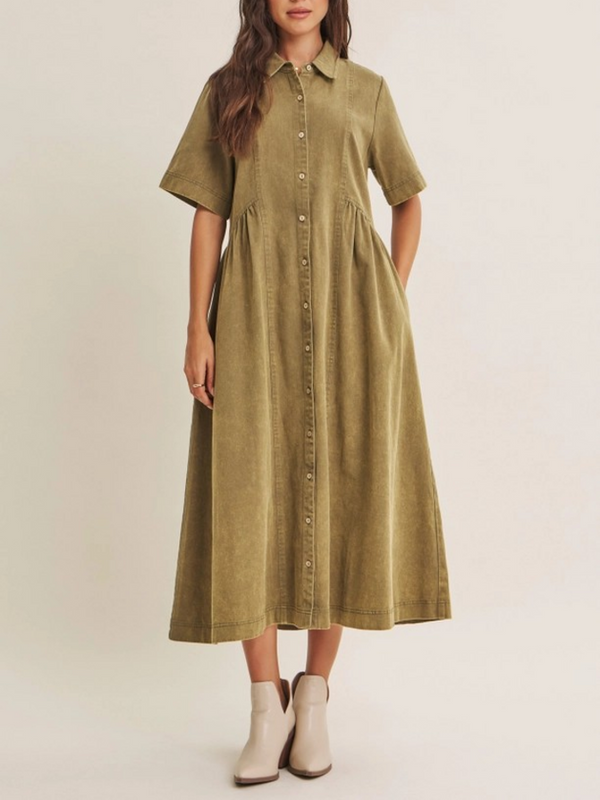 washed olive relaxed cotton shirt midi dress