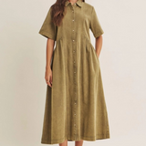 washed olive relaxed cotton shirt midi dress