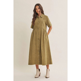 washed olive relaxed cotton shirt midi dress