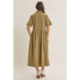 washed olive relaxed cotton shirt midi dress
