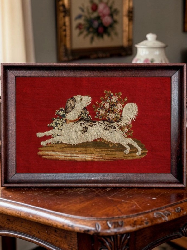 hunting spaniel needlepoint wood and glass decorative tray