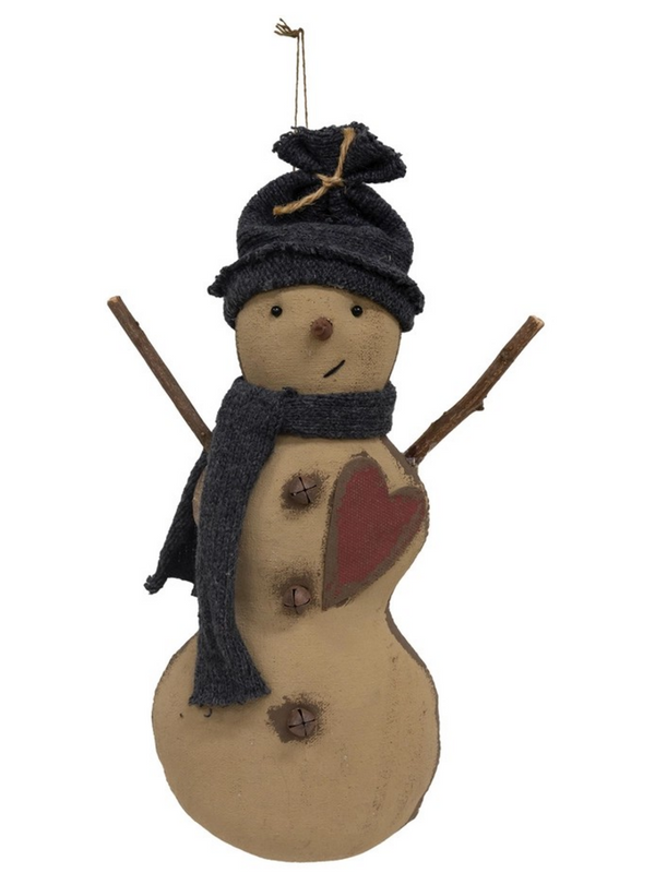 stiffened fabric heart, hat, and scarf snowman hanger
