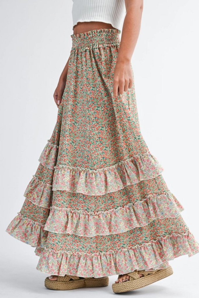 coral floral ruffle maxi skirt