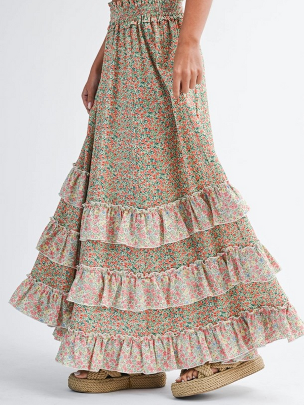 coral floral ruffle maxi skirt