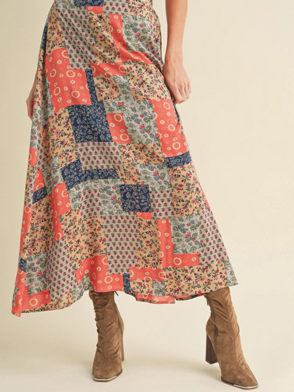 Tan & Orange patchwork print Skirt