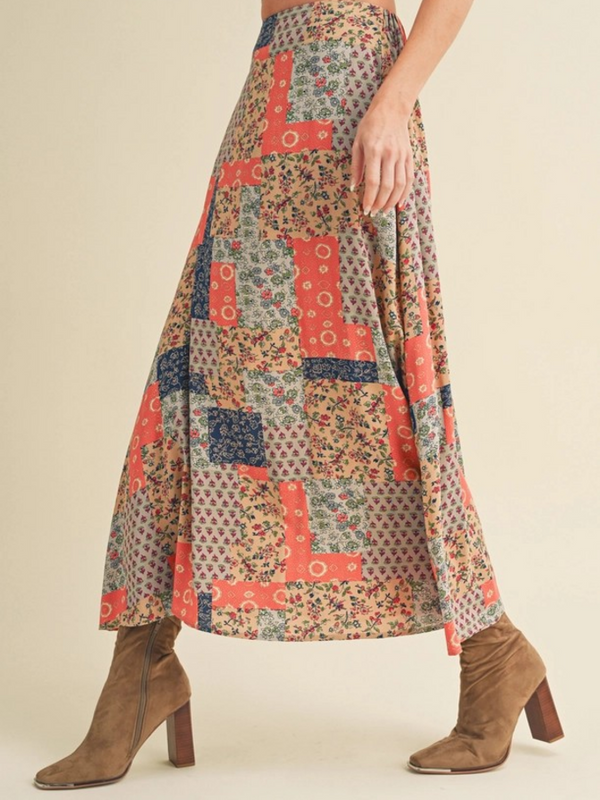 Tan & Orange patchwork print Skirt