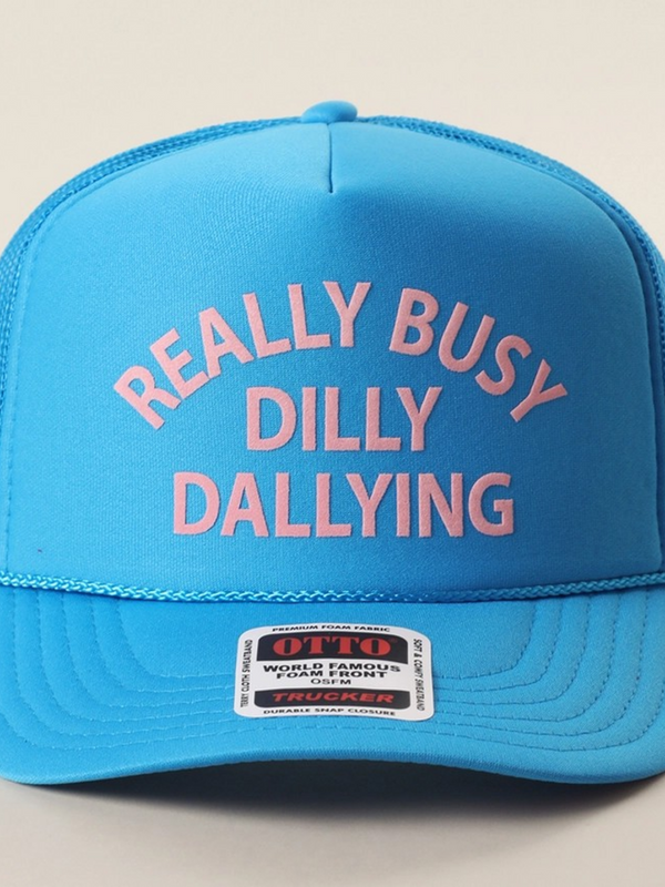 neon blue really busy dilly dallying trucker hat