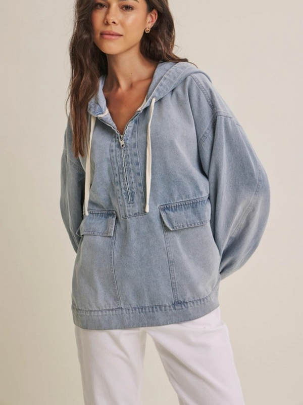 washed denim hooded pullover