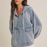 washed denim hooded pullover