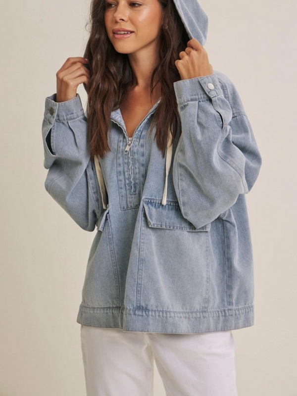 washed denim hooded pullover