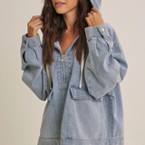 washed denim hooded pullover