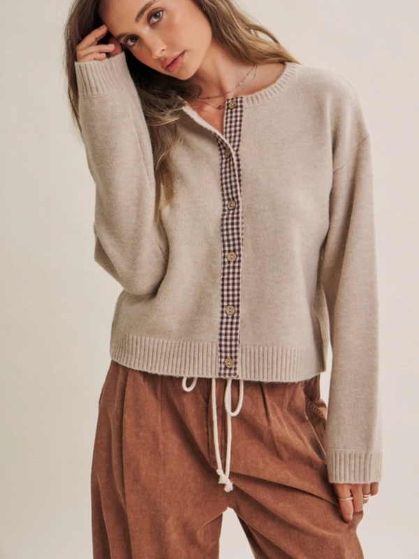 oatmeal with chocolate gingham trim cardigan