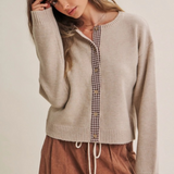 oatmeal with chocolate gingham trim cardigan