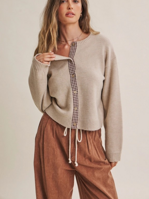 oatmeal with chocolate gingham trim cardigan
