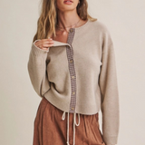 oatmeal with chocolate gingham trim cardigan