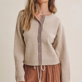 oatmeal with chocolate gingham trim cardigan