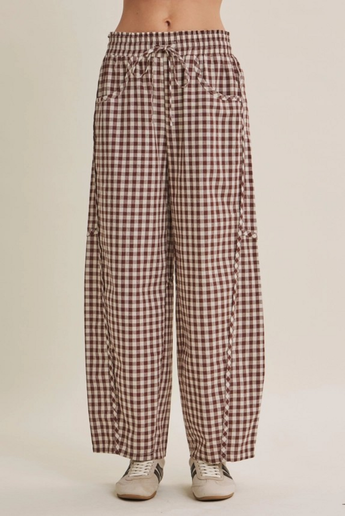 chocolate gingham cotton barrel leg pants