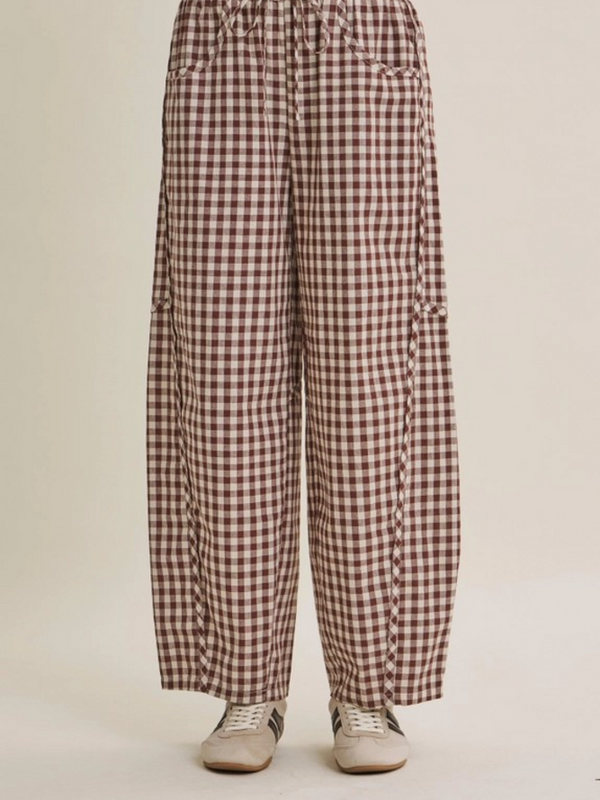 chocolate gingham cotton barrel leg pants