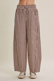 chocolate gingham cotton barrel leg pants
