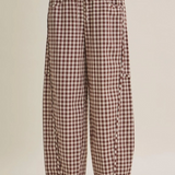 chocolate gingham cotton barrel leg pants