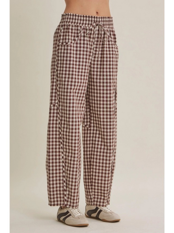 chocolate gingham cotton barrel leg pants
