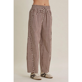 chocolate gingham cotton barrel leg pants