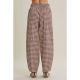chocolate gingham cotton barrel leg pants